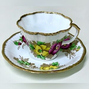 Vintage Salisbury PANSY Gold Trim Floral Teacup and Saucer Set 1878 Antique